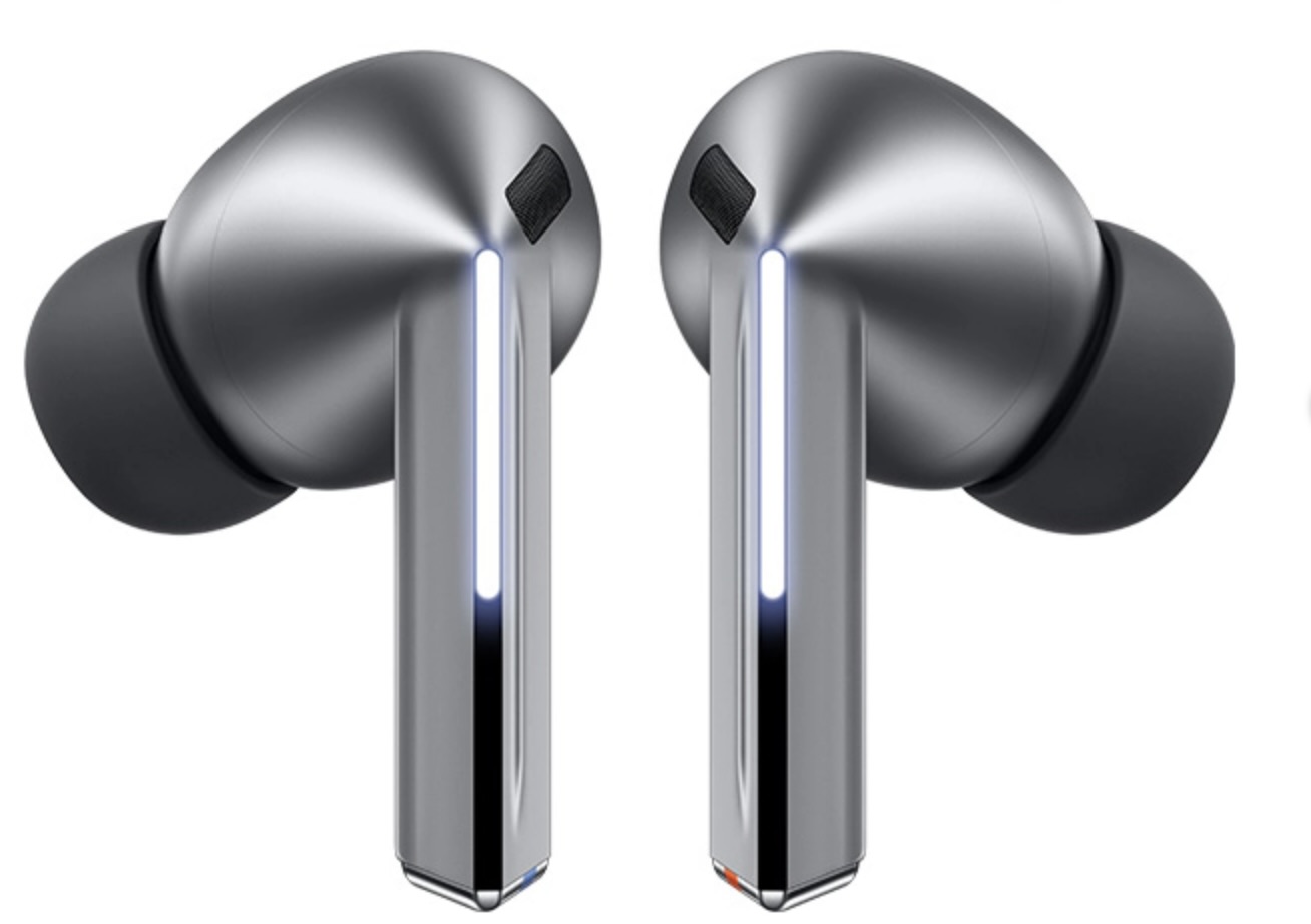Samsung Galaxy Buds3 Pro in matte silver resting in their case, showcasing sleek form and ergonomic wing-tip design